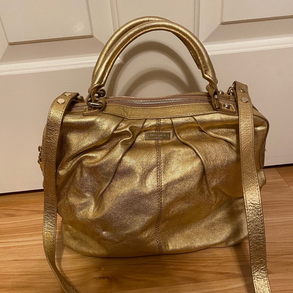 kate spade gold tote with long strap and striped interior
